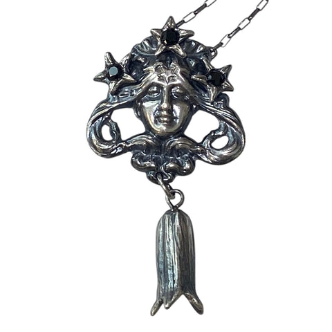 Large Belladonna Goddess Black Spinel and Sterling Pendant