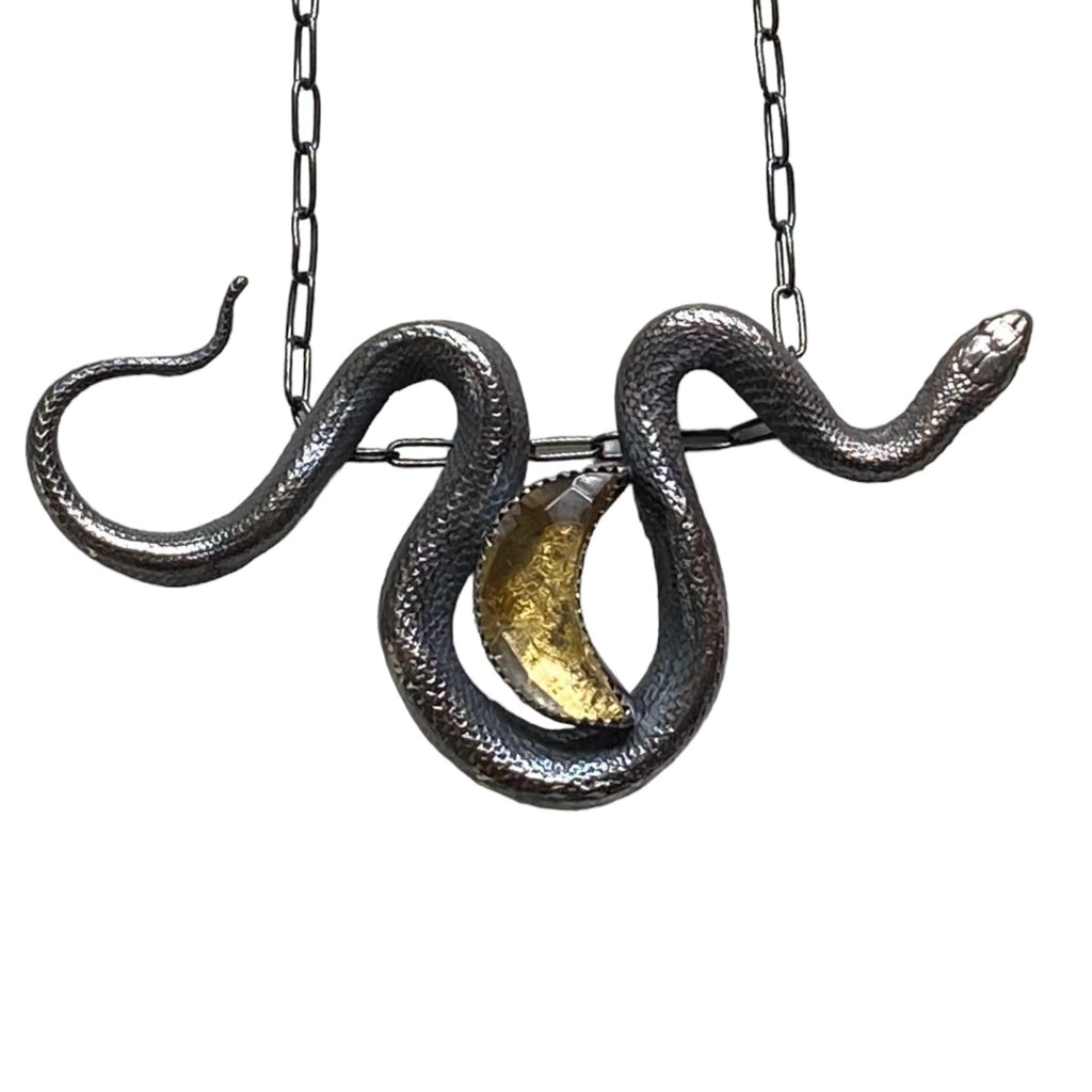 Sterling Silver Snake Necklace with Golden Crescent Moon close up view