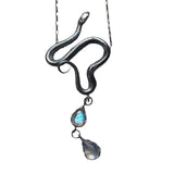 Sterling Silver Realistic Snake Necklace with double moonstone drops