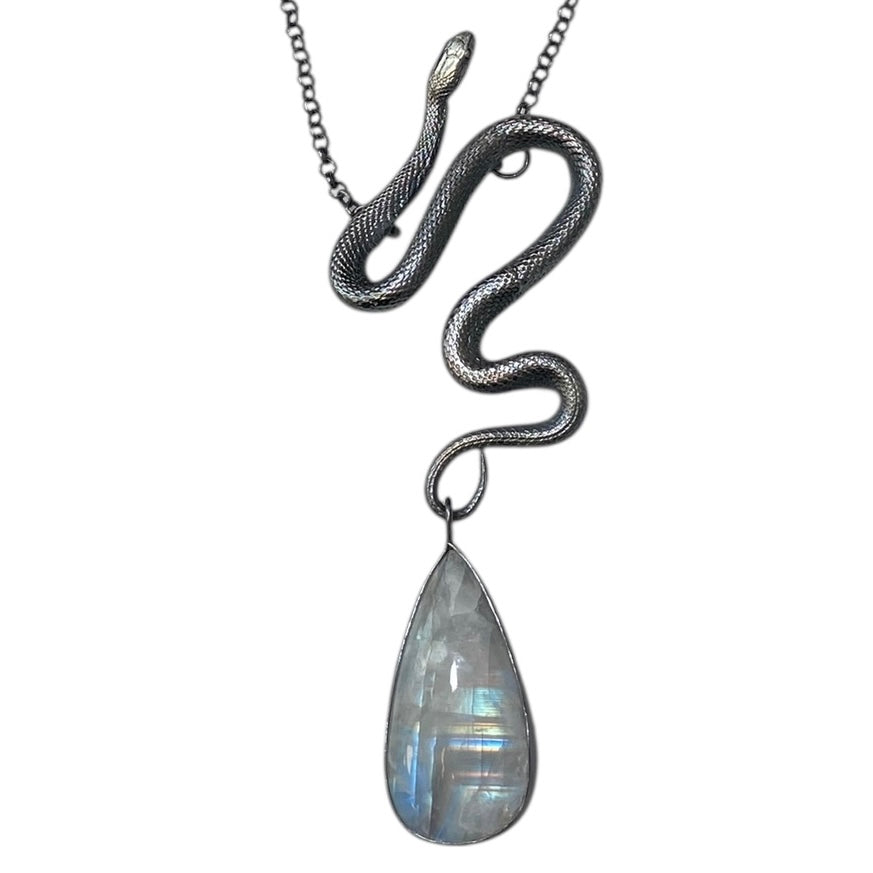 Sterling Silver Snake with XL Rainbow Moonstone
