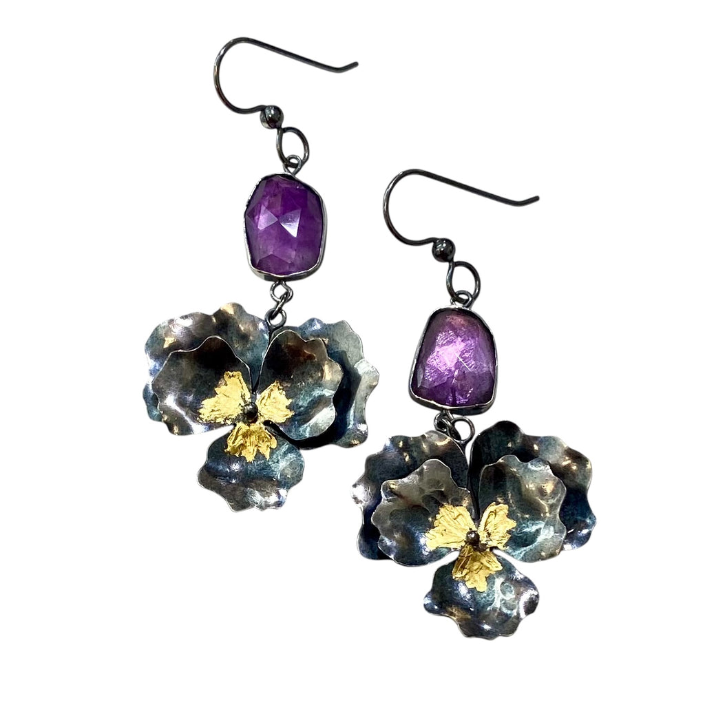 Pansy Earrings Amethyst Sterling and Gold