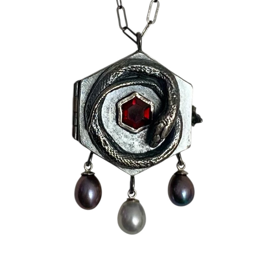 Serpent Container Locket with Crimson Garnet and Pearls