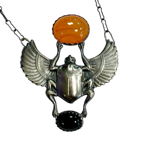 Sterling Winged Scarab Necklace with carnelian and onyx