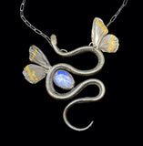 Naturalistic realistic Snake necklace sterling gold and blue moonstone black background