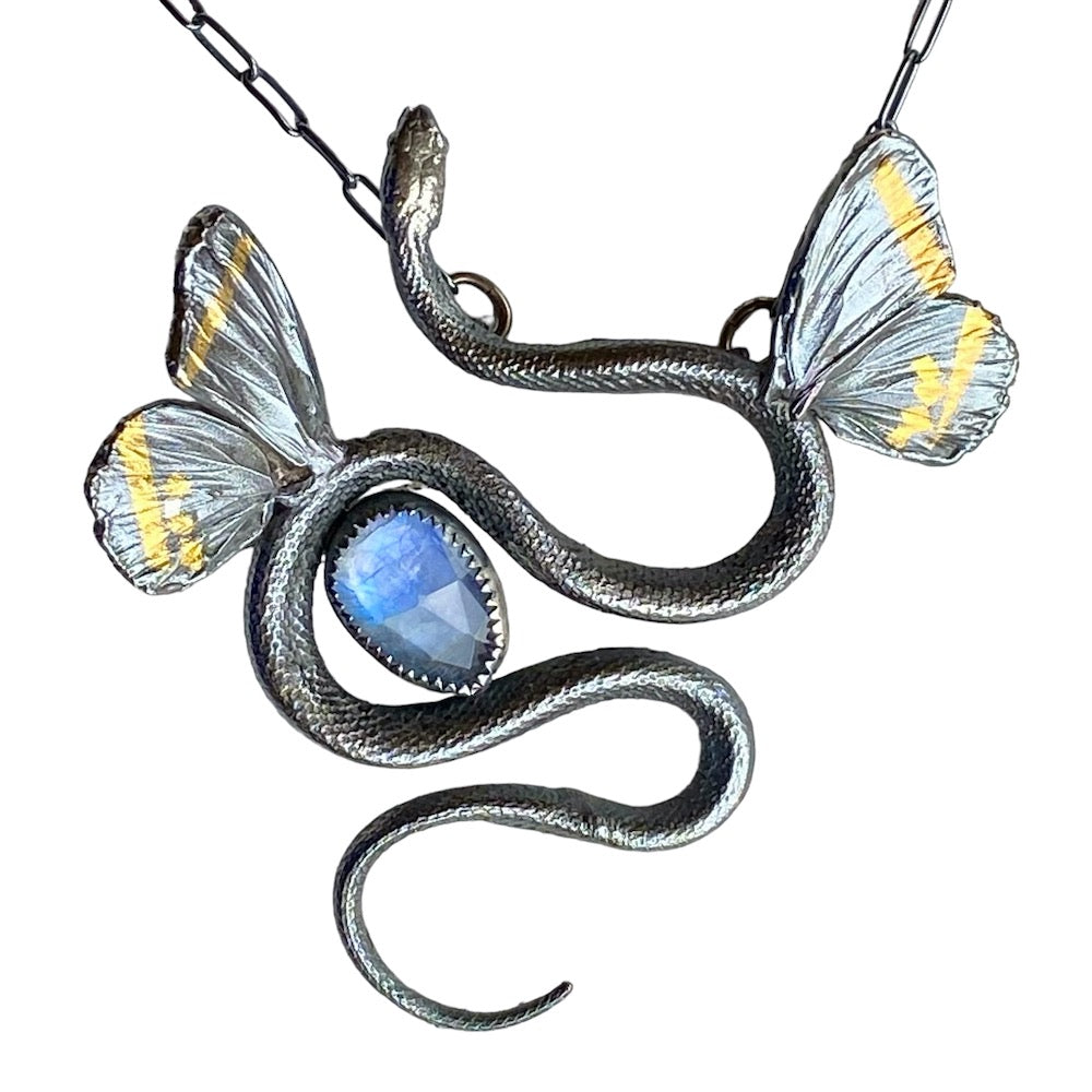 Naturalistic realistic Snake necklace sterling gold and blue moonstone