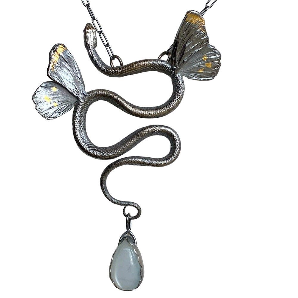 Sterling Silver Realistic Snake Necklace Moonstone Gold Serpent