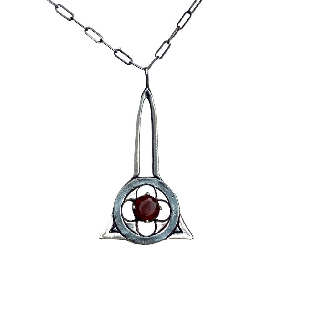 Gothic Architecture necklace with garnet in sterling silver view one
