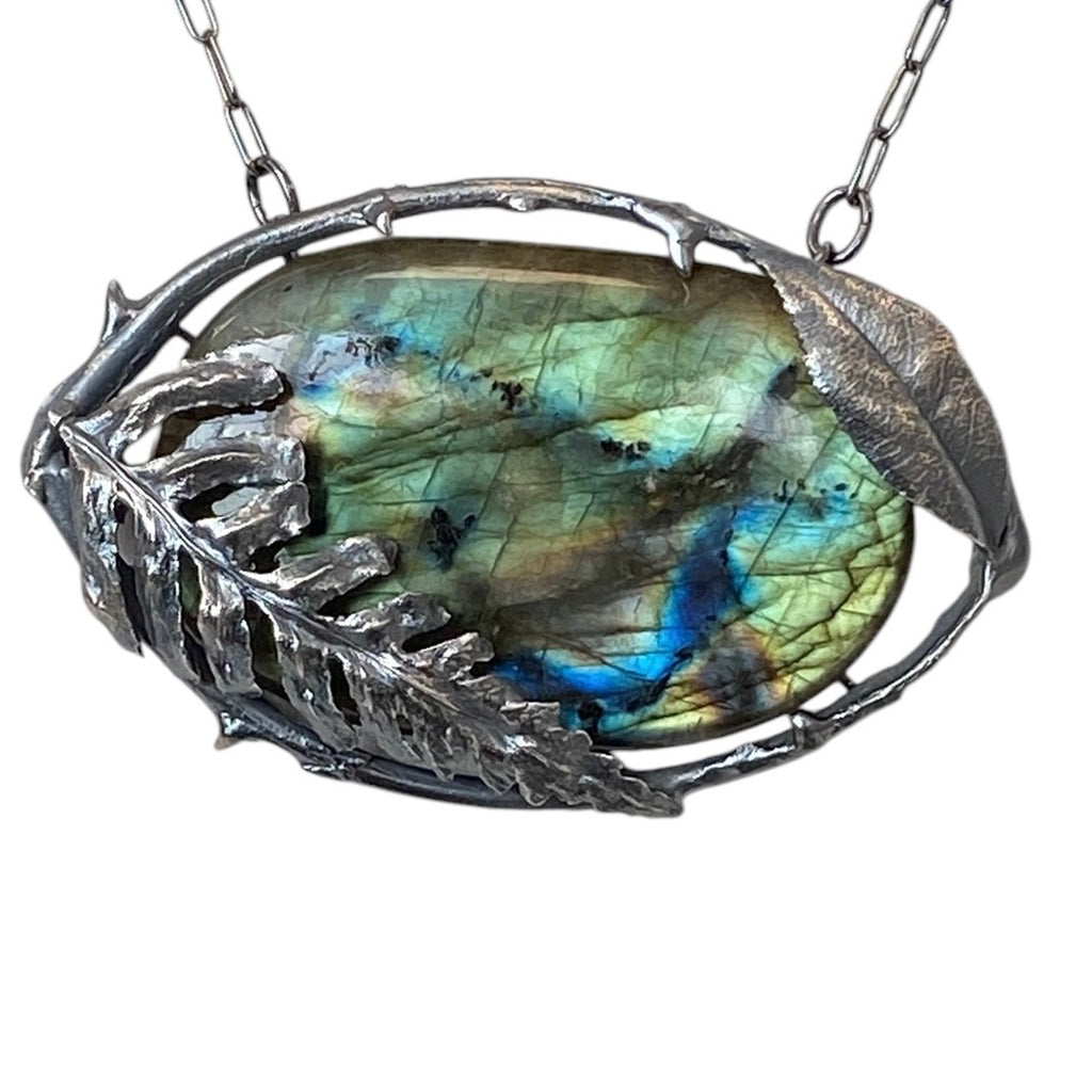 Spectrolite with Fern and Rose Branch Pendant