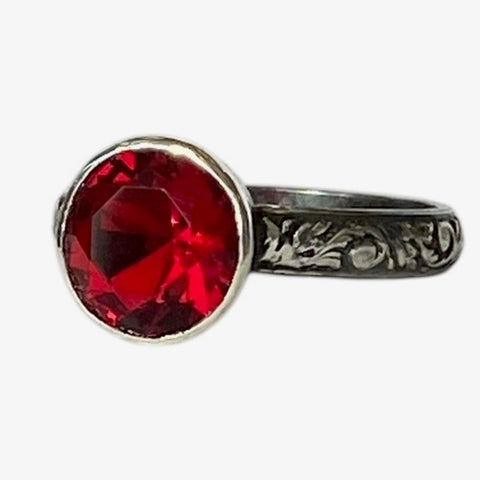 Size 7.5 Synthetic Ruby Solitaire Floral Ring Band