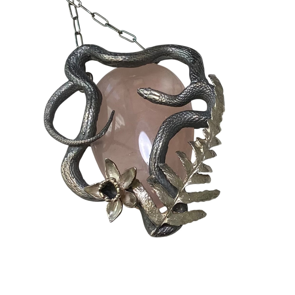 Rose Quartz Serpent and Daffodil Pendant