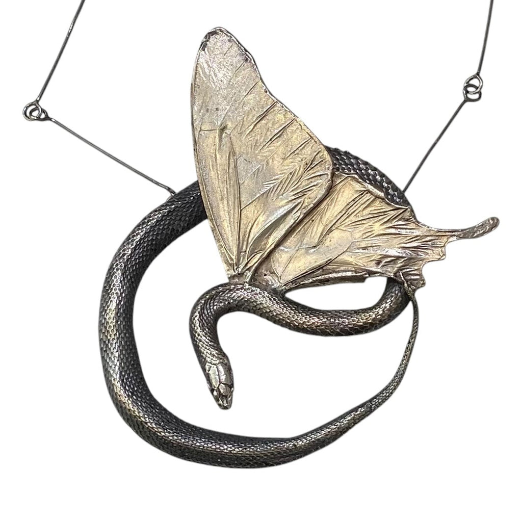 One of a Kind Winged Serpent Pendant with handmade chain in Sterling Silver