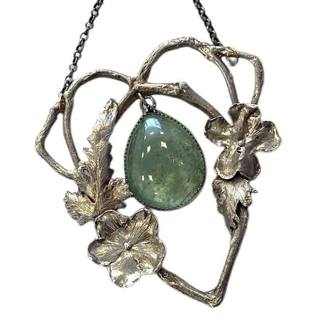 Sterling Garden Heart Pendant with Large 38 Ct Natural Aquamarine