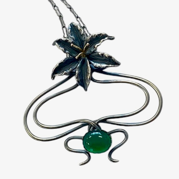 Lily Art Nouveau Whiplash Pendant in Sterling and 14kt Gold with Green Onyx
