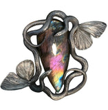 Double Snake necklace, winged serpent pendant, purple labradorite strong light view