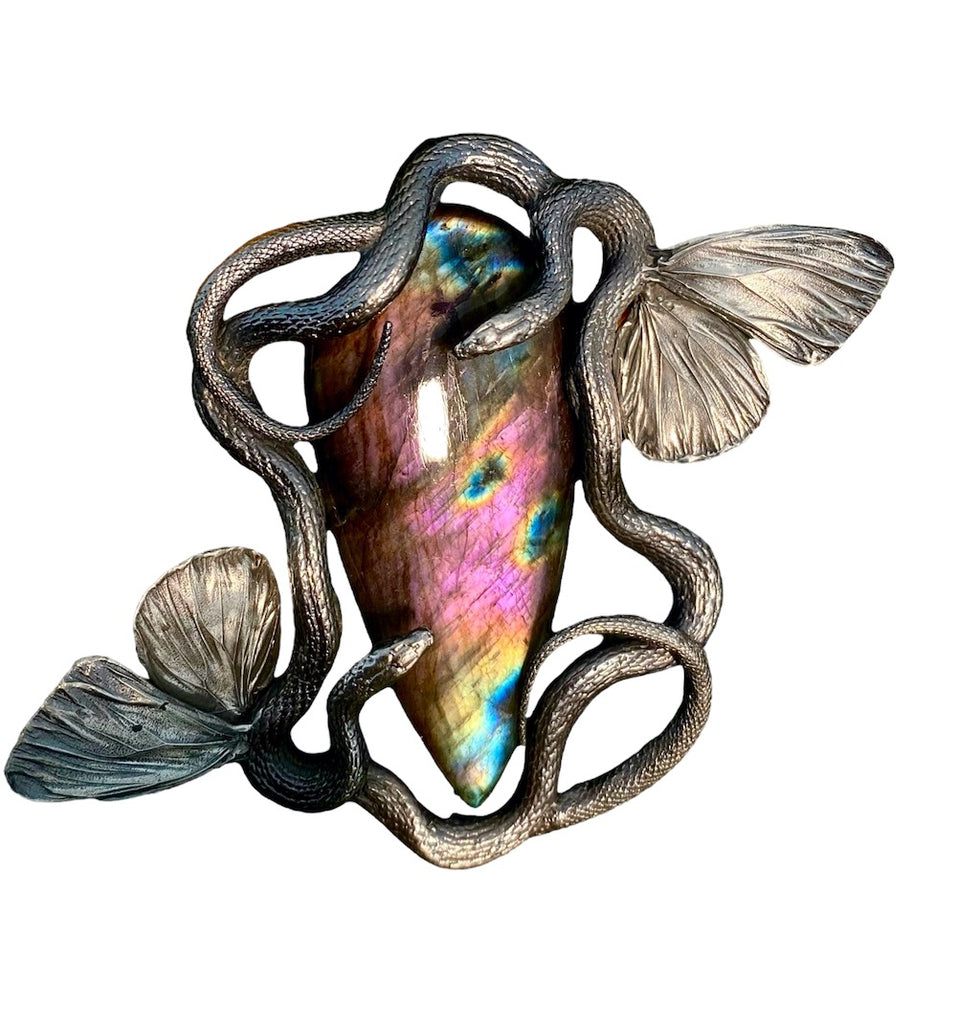 Double Snake necklace, winged serpent pendant, purple labradorite front view