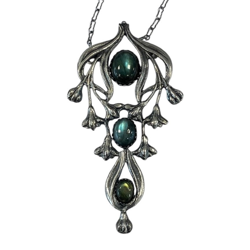 Long Art Nouveau Panel Pendant with triple labradorite