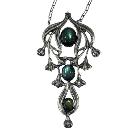 Long Art Nouveau Panel Pendant with triple labradorite