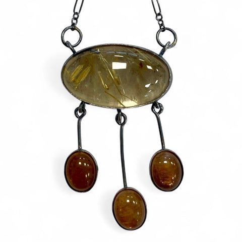 Art Nouveau Fringe Pendant Golden Rutile and Sunstone