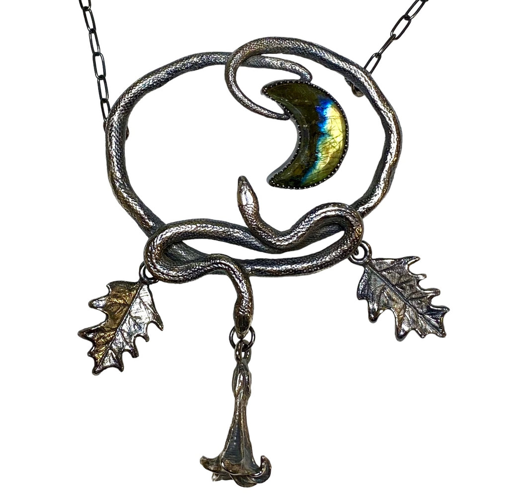 Double Serpent Snake Necklace with labradorite Crescent Moon Front image 1