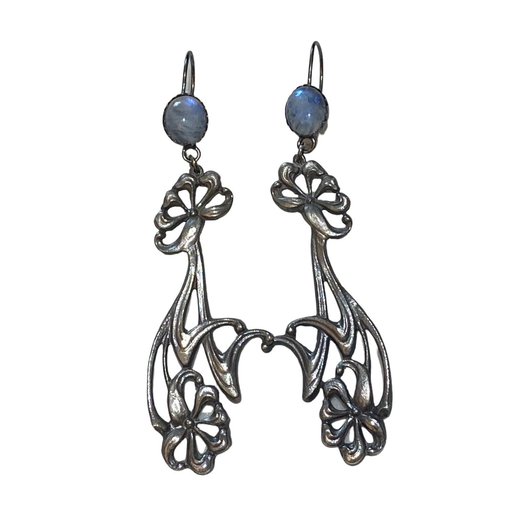 Art Nouveau Poppy Earrings Blue Moonstone Antique Image Front