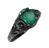 Art Nouveau Flower Ring Daisy Sterling Silver Antique Green Onyx Chrysoprase Image One Left Side
