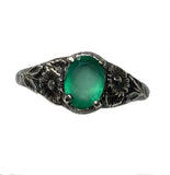 Art Nouveau Flower Ring Daisy Sterling Silver Antique Green Onyx Chrysoprase Image One full view