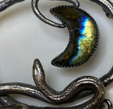 Double Serpent Snake Necklace with labradorite Crescent Moon Front close up on moon