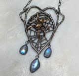 Naturalistic Sterling Silver and Bronze Wolf Spider Necklace with Moonstones, luxury gothic jewelry View 4
