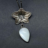 Sterling Silver Black Henbane and Silver Moonstone Inverted Single Drop close up with different lighting