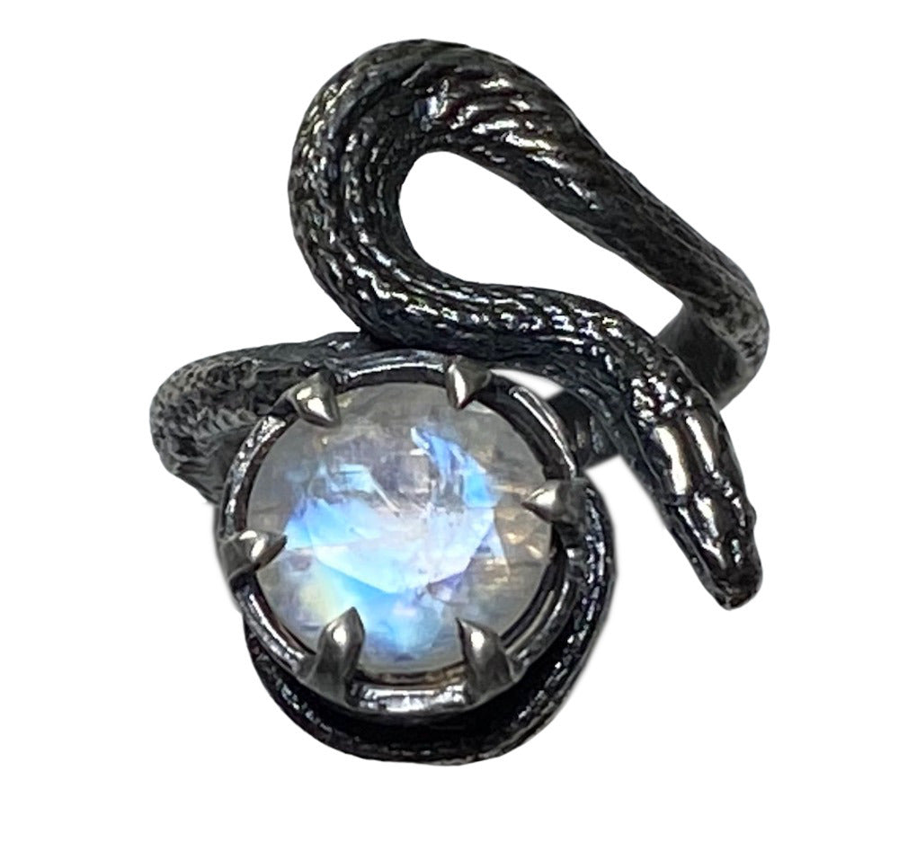 Sterling Silver Realistic Snake Ring Solitaire Moonstone