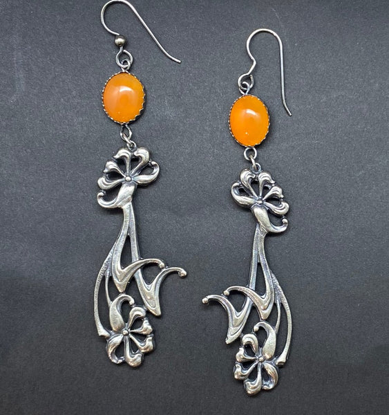 Antiques Art Nouveau Style online Silver Leaves Carnelian Beads Long Earrings