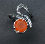 Realistic Snake Ring Solitaire Carnelian Sterling Silver Black Background