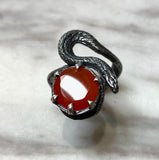 Realistic Snake Ring Solitaire Carnelian Sterling Silver Marble Background