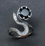 Black Spinel Sterling Silver realistic Snake Ring with Gemstone black background image