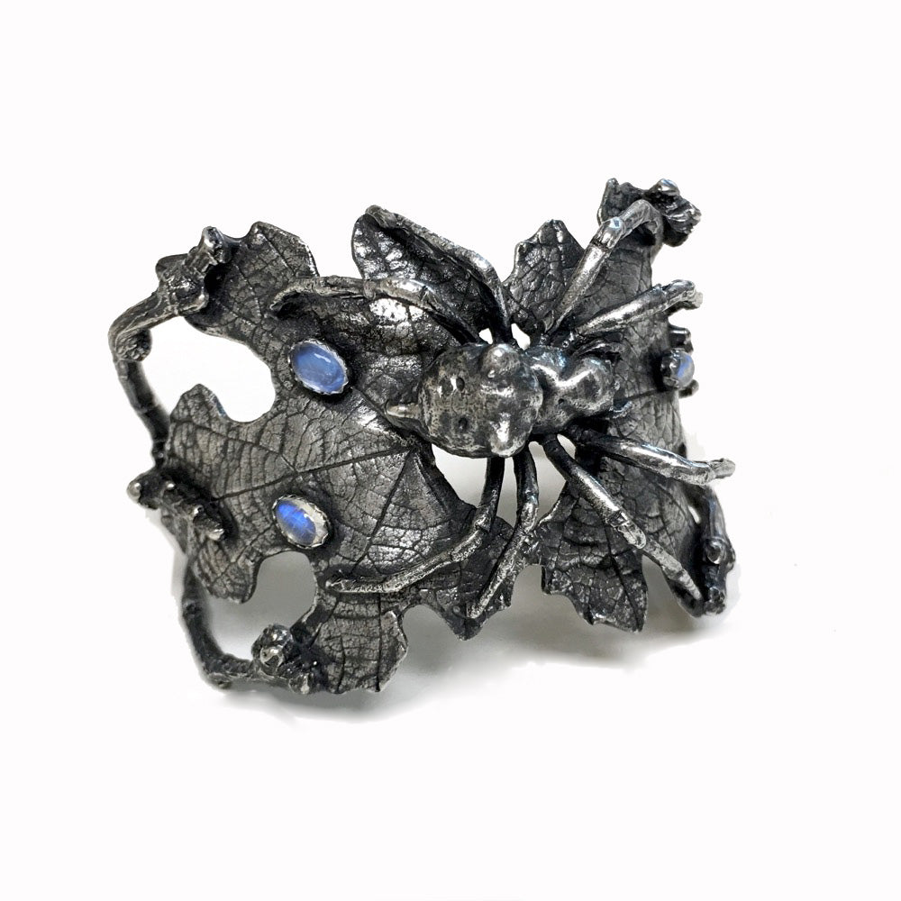 Sterling Silver Orb Weaver Spider Jewelry Cuff Bracelet with Moonstones or Opals  Chase and Scout Image One