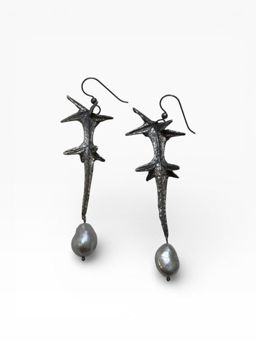 Sterling Thistle Leaf and Pearl Earrings