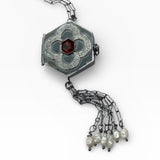 Quatrefoil Box Locket with Hex Garnet and Freshwater Pearls