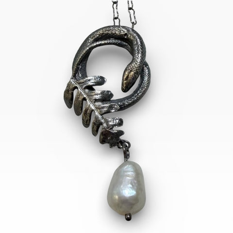 Sterling Silver Petite Snake Pendant with Baroque Pearl