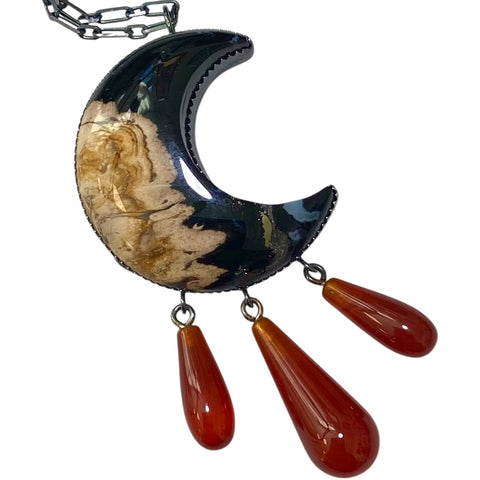 Large Crescent Moon and carnelian droplet fringe pendant