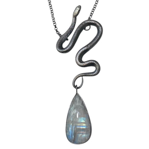 Sterling Silver Snake with XL Rainbow Moonstone