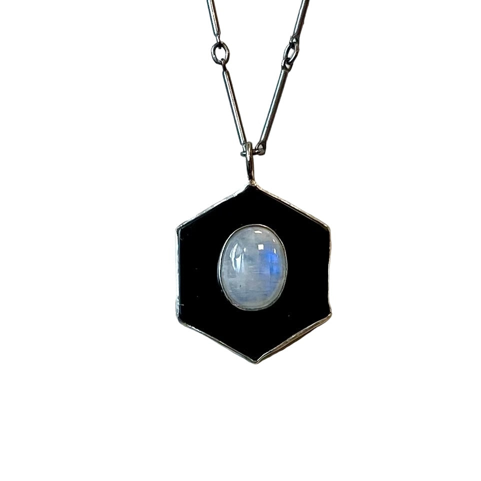 Black Onyx and Blue Moonstone Talisman Pendant