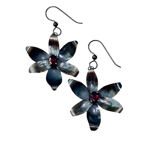 Trillium Flower Earrings Sterling and Garnet