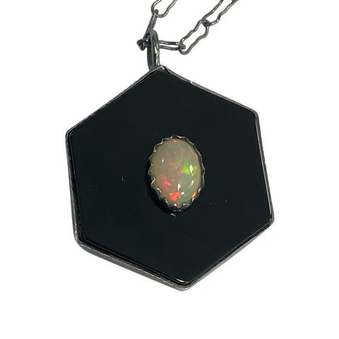 Black Onyx and Natural Opal Talisman Pendant