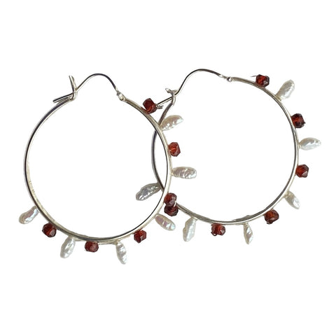 2" Sterling Silver Hoops with Pearl & Garnet Halo