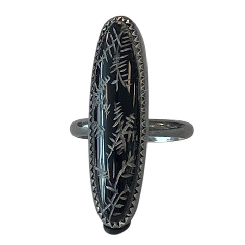 Frost Amulet Ring Hand Carved Black Onyx Intaglio A Size 5.5