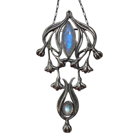 Long Art Nouveau Panel Pendant with Moonstones