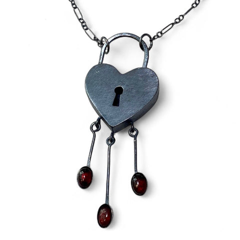 Sterling Heart Padlock Pendant with Garnet Fringe