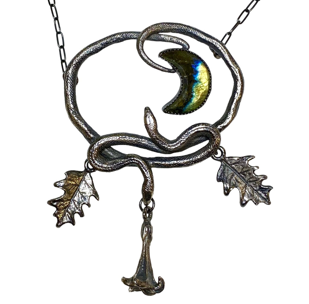 Datura and Spectrolite Crescent Moon Pendant with Double Serpents &#x2605;