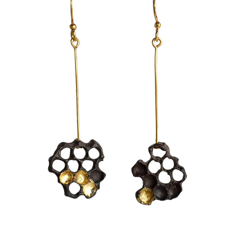 Honeycomb Earrings, Oxidized Sterling with 24kt Gold Leaf