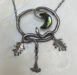 Datura and Spectrolite Crescent Moon Pendant with Double Serpents &#x2605;